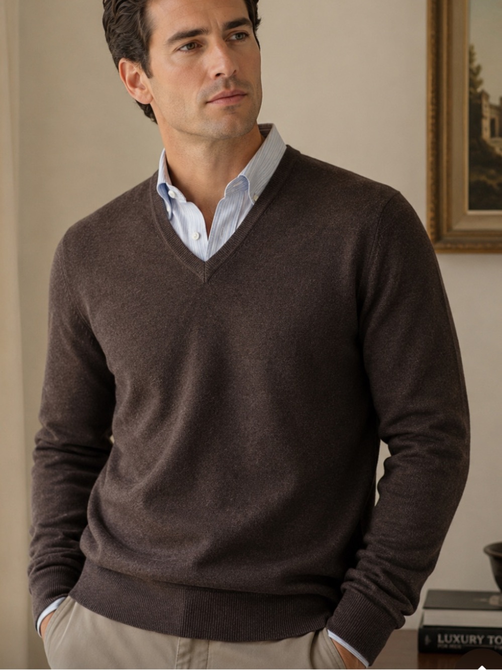 Gran Sasso Vintage Made in Italy 100% Virgin Wool V-Neck Sweater Brown Large
